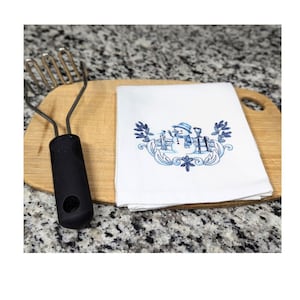 Festive Winter Scene with Snowman Embroidered Tea Towel - Holiday Kitchen Towel