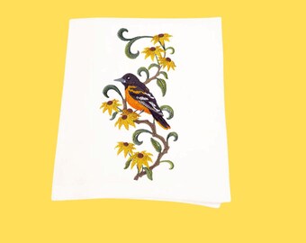 Maryland Baltimore Oriole & Black-Eyed Susan Tea Towel - Hand-Embroidered Kitchen Decor