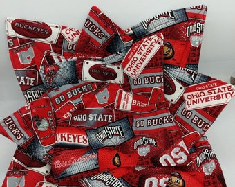 May include: A red and gray fabric star with the words "Ohio State University" and "Go Bucks" repeated throughout. The star is made of multiple fabric squares sewn together.