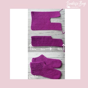 May include: A step-by-step guide to crocheting slippers. The image shows the flat crochet pieces, with arrows indicating where to sew. The finished slippers are a vibrant purple color, showcasing the final product.
