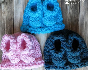 Crochet Baby Hat Bootie Pattern Set, Braided Puff Design (PDF Download)