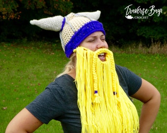 Patrón de gorro vikingo a crochet, casco, cuernos y barba (PDF, descarga instantánea) para Halloween.