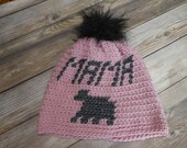 Mama bear baby bear hat pom beanie adult pink gray sparkle gift present handmade MI designer