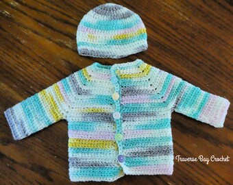 Crochet Baby Cardigan & Hat Pattern, 0-3m (PDF Download)