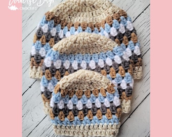 Crochet Granny Beanie Hat textured Pattern PDF MI designer Baby-Adult Sizes