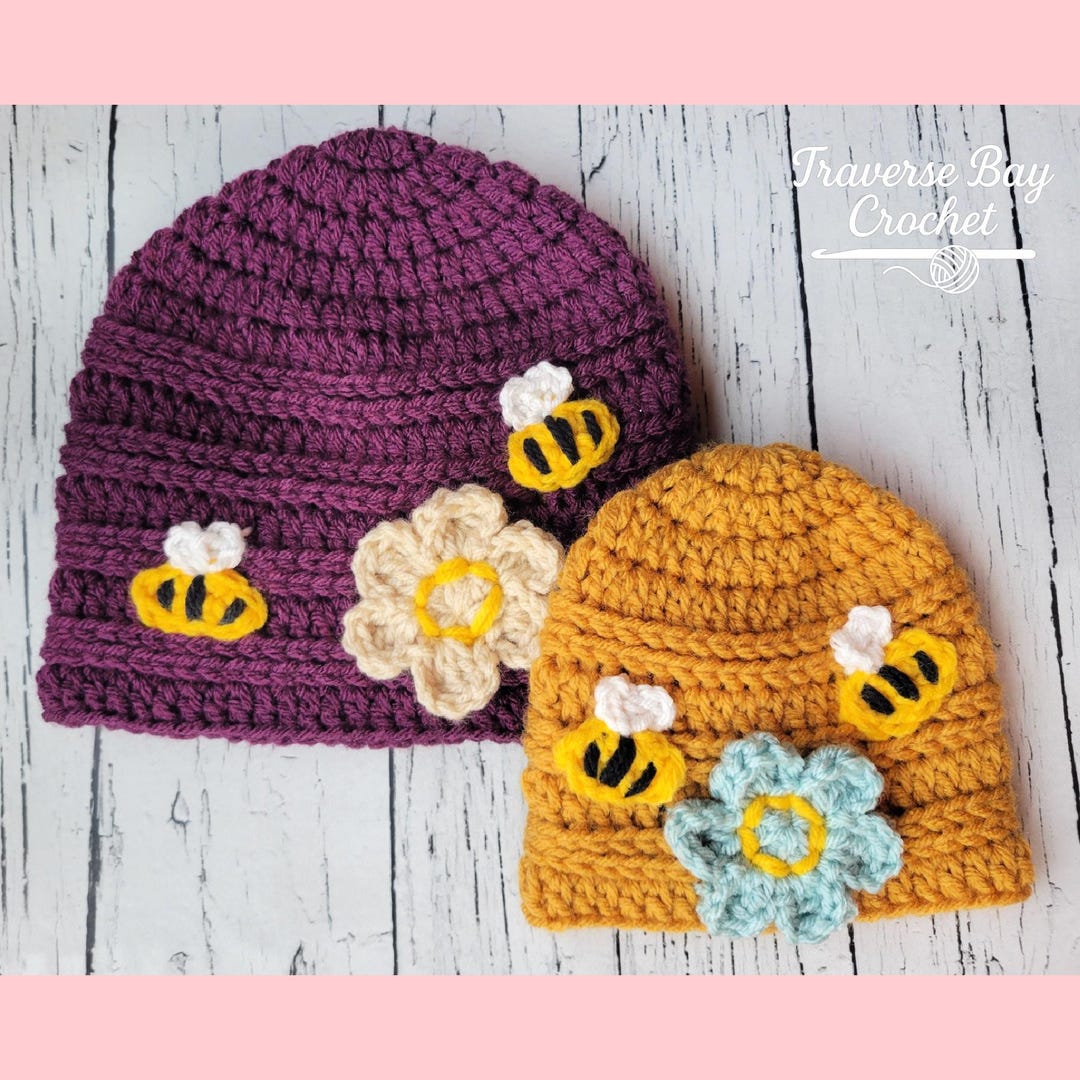 Crochet Bumble Bee Flower Beanie Pattern 5 Sizes PDF MI Designer Baby ...