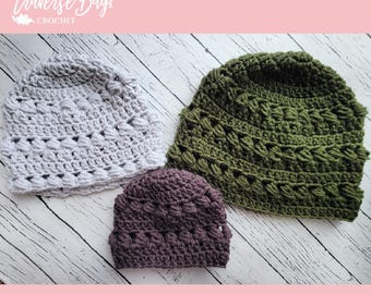 Crochet Bead Stitch Beanie Hat textured Pattern PDF MI designer Baby-Adult Sizes