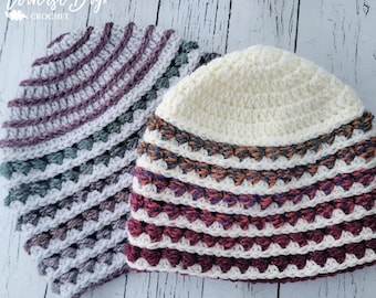 Crochet Striped Bead Stitch Beanie Hat textured Pattern PDF MI designer Baby-Adult Sizes