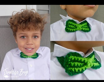 Crochet St. Patrick's Day bow tie pattern PDF instant download child adult accessory warmer MI designer