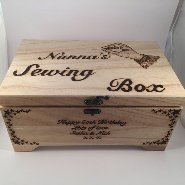 Personalised Wooden Sewing Box With removable tray pyrography