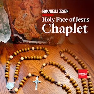 May include: Wooden rosary beads with a silver crucifix and a medallion. The beads are brown and cream-colored, with a cross pendant. The image also includes the text "Holy Face of Jesus Chaplet" and "Romanelli Design".