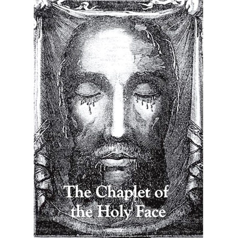 Pu&ograve; includere: Incisione in bianco e nero di un volto con occhi chiusi e barba, con goccioline d'acqua. Il testo "The Chaplet of the Holy Face" &egrave; in basso nell'immagine. L'immagine ha un tema religioso vintage.