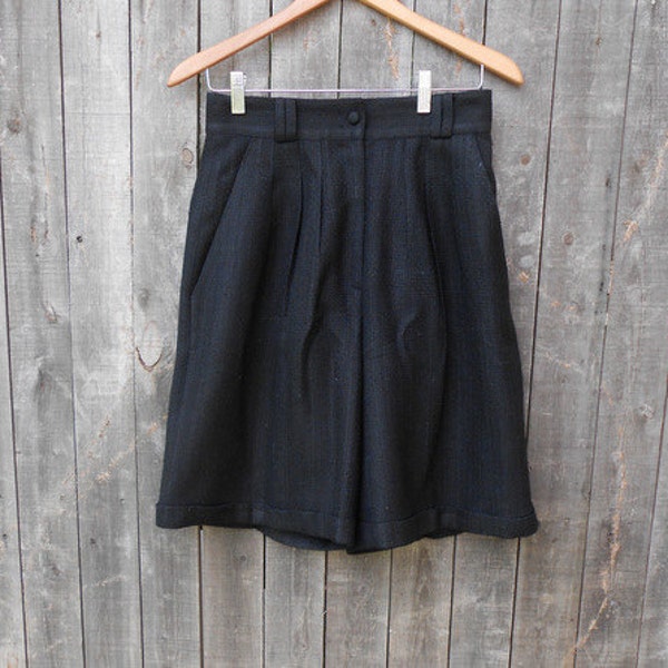 80s Vintage High Waist Shorts Black Silk Linen Dress Trouser Shorts Small S