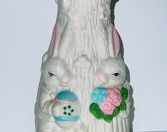 Vintage Ceramic Easter Bunny Bud Vase 3D Bunnies