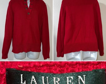 RALPH LAUREN Size M Red Knitted Half Snap Buttons Pullover Sweater Knitwear Jumper