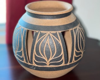 Terra Cotta Clay Carved Candle Pot Signed “Brown” Art Deco Design Southwestern Bohemian Style Vintage Ceramic Vase