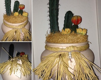 Jarrón de cerámica vintage Boho con decoración de pared de imitación de cactus