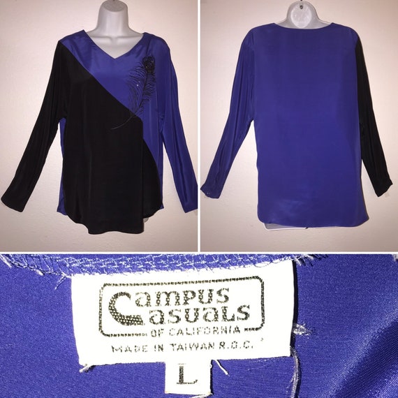 Campus Casuals Blouse Long Sleeves Blue and Black