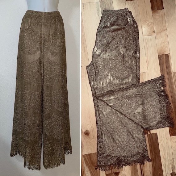 Vintage Evening Party Special Occasion Golden Fringe Wide Leg Palazzo Pants  Size M 