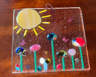 Small Fused Glass Panel, Floral Fused Glass Panel, Colorful Flowers with Murrine Glass, Flowers, Wall Hanging