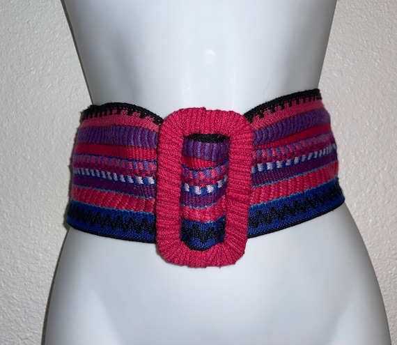 Vintage Wide Woven Belt Horizontal Striped Vintage 90s Wide Striped Woven Cloth Chord Leather Trim Belt  main image 3