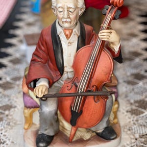 Vintage &quot;Old Man with Cello&quot; Music Box Figurine, Melody in Motion Series by Seiji Nakane