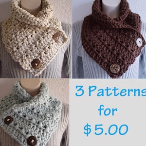 Crochet Chunky Crochet Cowl Neckwarmer Scarf with Buttons Patterns, 3 Patterns in 1 Instant Download