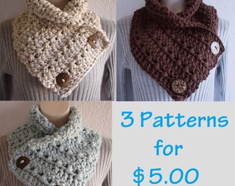 Crochet Chunky Crochet Cowl Neckwarmer Scarf with Buttons Patterns, 3 Patterns in 1 Instant Download