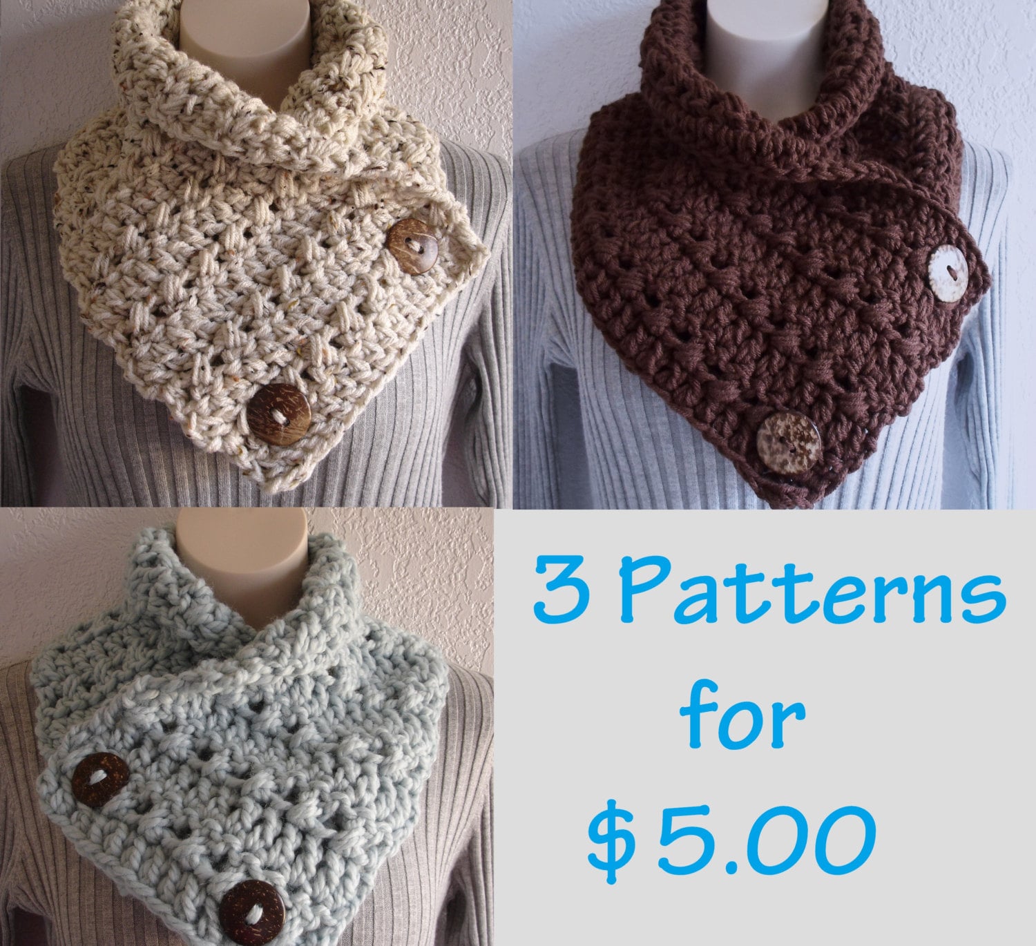 Crochet Chunky Crochet Cowl Neckwarmer Scarf With Buttons Patterns, 3 ...