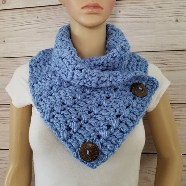 Soft Blue Chunky Scarf Crochet Knit Cowl Neckwarmer Cowl with Wood Buttons, Ready to Ship
