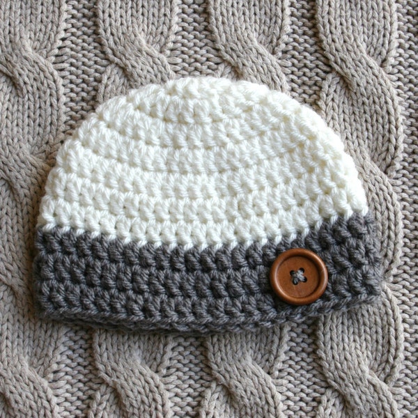 Cute Crochet Knit Cream and Gray Grey Newborn Infant Baby Boy Beanie Hat with a Wood Button, Ready to Ship