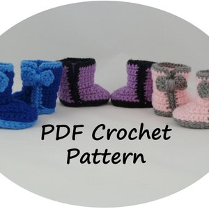 May include: Four pairs of crocheted baby booties in blue, purple, pink, and gray with bows. PDF Crochet Pattern.