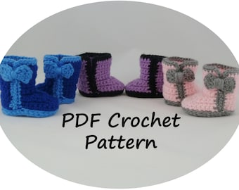 May include: Four pairs of crocheted baby booties in blue, purple, pink, and gray with bows. PDF Crochet Pattern.
