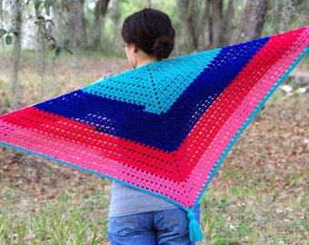 Crochet Pattern // Striped Tassels Triangle Top Down Shawl Scarf Eyelet ...