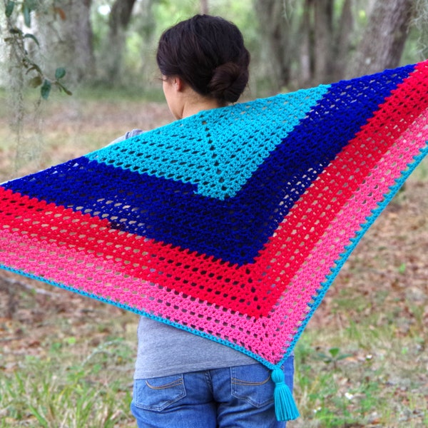 Easy Triangle Shawl Crochet Pattern - Candy Shop Shawl - Women's Triangle Shawl - Any Gauge - Striped Shawl Wrap Tassel Scarf