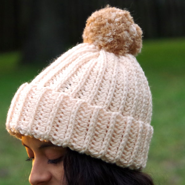 PDF Crochet Pattern - Knit-Look Crochet Hat - Beginner Friendly Quick Easy Winter Fall Accessory - 10 Size Family PomPom - Instant Download