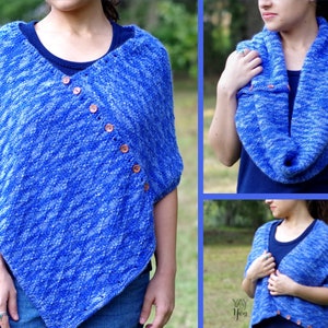 May include: A blue and white knit poncho with wooden buttons. The poncho is shown being worn by a person in three different ways: as a wrap, as a cowl neck, and as a vest.