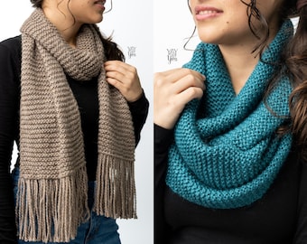 How to Knit a Scarf - PDF Knitting Pattern for Beginners - Easy Scarf with Fringe / Infinity Scarf / Cowl - Easiest Knitted Scarf - Any Yarn