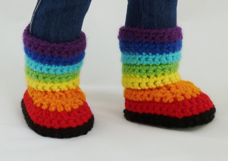 Rainbow Doll Boots Crochet Pattern, American Girl Doll Crochet Pattern, 18 inch Doll Shoes Crochet Pattern, Striped American Girl Doll Boots image 1