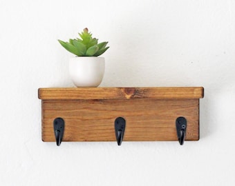 10" Entry Shelf with Hooks: Solid Wood, Slim Design - Handmade