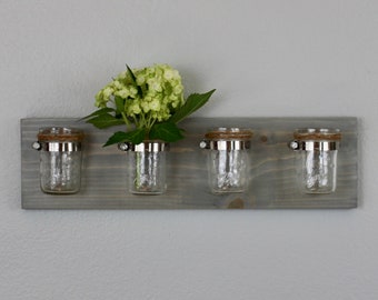 Mason Jar Wall Storage - 8 oz. Jars - Cottage Home Decor - Paint Brush Cups - Office Organization - Herb Vases - Bathroom Organizer