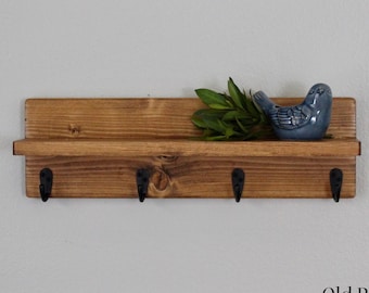 18" Shelf with Hooks – Solid Wood Coat Rack, Kitchen & Office