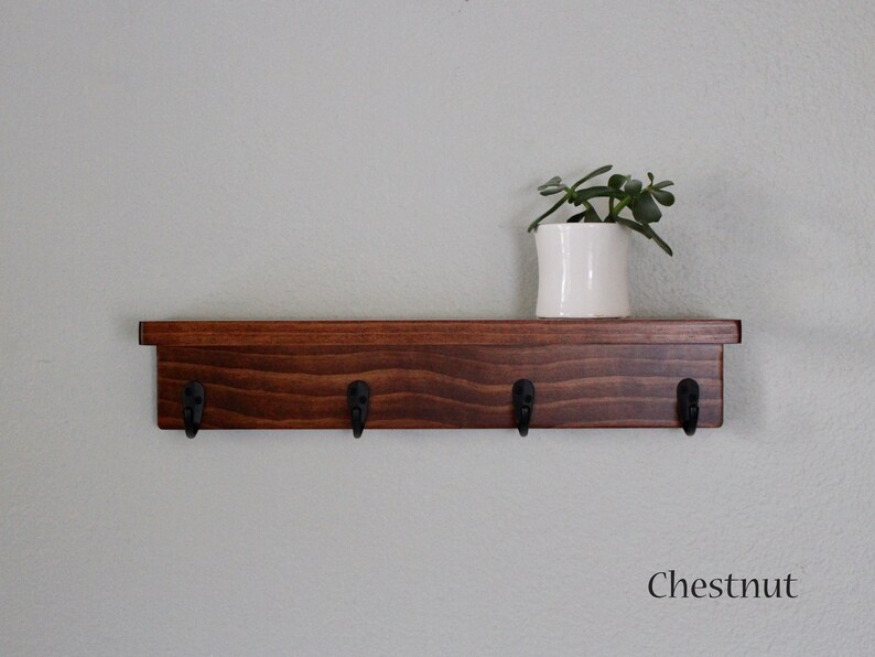 18" Slim Shelf with Hooks - Coffee Station - Entryway decor - Mug Hooks - Key Hooks - Bathroom Storage - Towel Hooks Chestnut