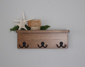 Entry Ledge with Double Hooks - Tall-  Coat Rack - Shelf with Hooks - Key Hook - Purse Hook - Entry Organizer