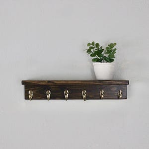 18" Slim Shelf with Hooks - Coffee Station - Entryway decor - Mug Hooks - Key Hooks - Bathroom Storage - Towel Hooks Dark Walnut