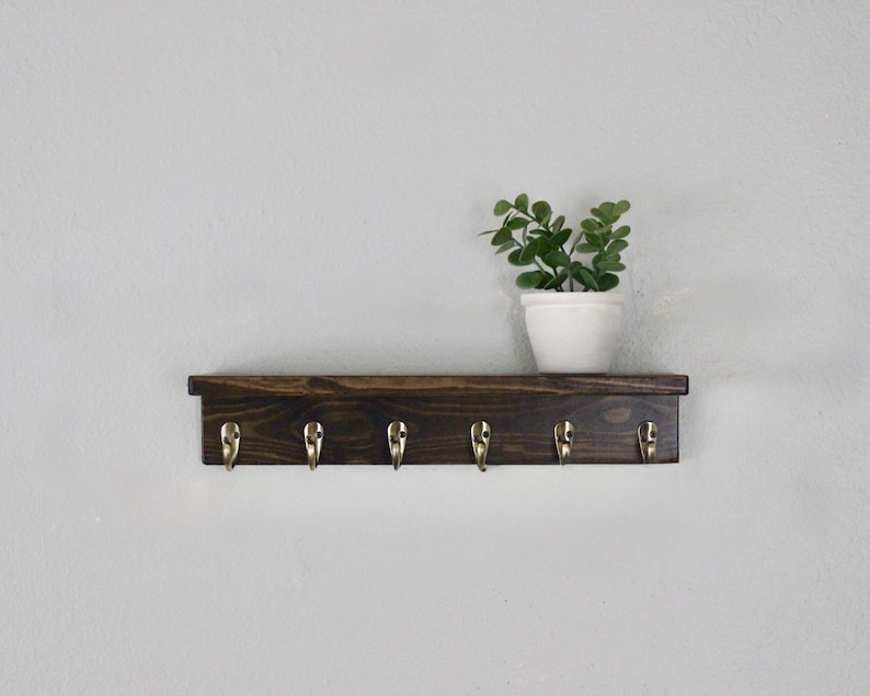 18" Slim Shelf with Hooks - Coffee Station - Entryway decor - Mug Hooks - Key Hooks - Bathroom Storage - Towel Hooks Dark Walnut