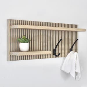 Modern Wall Storage.  Mid century modern style wood wall shelf with two gold or black hooks.  Modern storage for home.  Entry organization.