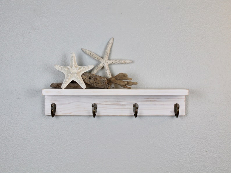 18" Slim Shelf with Hooks - Coffee Station - Entryway decor - Mug Hooks - Key Hooks - Bathroom Storage - Towel Hooks Distressed White