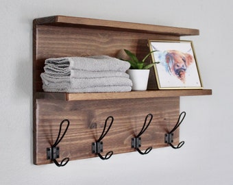 Wall Storage with Shelf, Ledge, & Farmhouse Hooks -  Indoor Bike Accessory Organizer  - Storage Hooks - Wall Organizer- Bathroom Towel Hooks