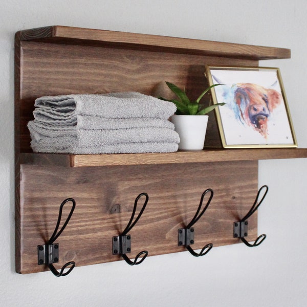 Wall Storage with Shelf, Ledge, & Farmhouse Hooks -  Indoor Bike Accessory Organizer  - Storage Hooks - Wall Organizer- Bathroom Towel Hooks